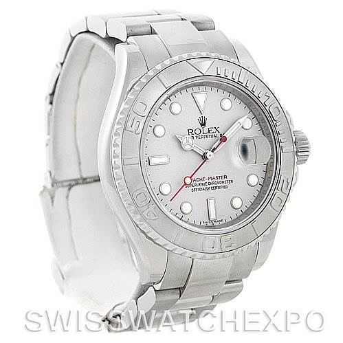The image shows a Rolex Yacht-Master 16622 Men's Stainless Steel Silver Dial 16622 Men's Stainless Steel Silver Dial watch from a front-left angle, highlighting the face, bezel, and bracelet.