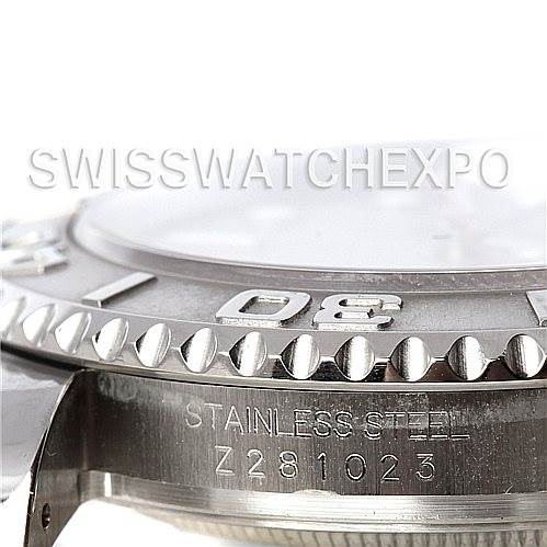 The image shows a close-up angle of the bezel and case side of a Rolex Yacht-Master 16622 Men's Stainless Steel Silver Dial 16622 Men's Stainless Steel Silver Dial watch, highlighting its stainless steel material and serial number.