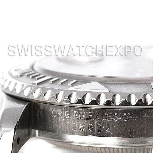 The image shows a close-up side view of the Rolex Yacht-Master 16622 Men's Stainless Steel Silver Dial 16622 Men's Stainless Steel Silver Dial's case and bezel, highlighting the model number 16622.