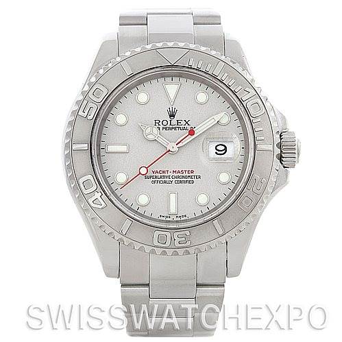 The image shows a frontal view of a Rolex Yacht-Master 16622 Men's Stainless Steel Silver Dial 16622 Men's Stainless Steel Silver Dial watch, displaying its face, bezel, and bracelet.
