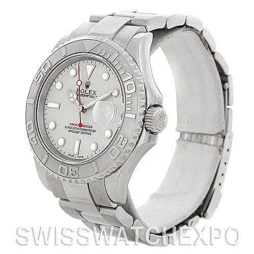 The image shows a side-angle view of a Rolex Yacht-Master 16622 Men's Stainless Steel Silver Dial 16622 Men's Stainless Steel Silver Dial watch, highlighting its bezel, dial, crown, and bracelet.