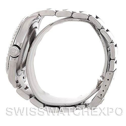 The image shows a side view of a Rolex Yacht-Master 16622 Men's Stainless Steel Silver Dial 16622 Men's Stainless Steel Silver Dial watch, highlighting its stainless steel band and crown.