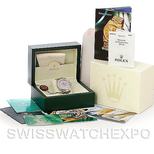 The image shows a Rolex Yacht-Master 16622 Men's Stainless Steel Silver Dial 16622 Men's Stainless Steel Silver Dial watch in its open box, along with the packaging, manuals, and authenticity cards.