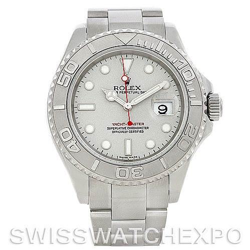 The image shows a frontal view of the Rolex Yacht-Master 16622 Men's Stainless Steel Silver Dial 16622 Men's Stainless Steel Silver Dial watch, highlighting the dial, bezel, bracelet, and crown.
