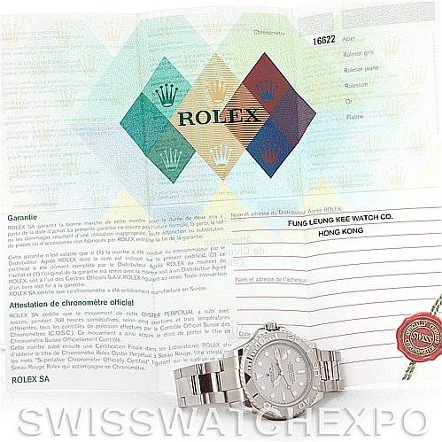 The image shows a Rolex Yacht-Master 16622 Men's Stainless Steel Silver Dial 16622 Men's Stainless Steel Silver Dial watch at an angled front view, along with its official documents and warranty papers.