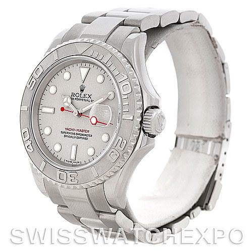 This image shows a Rolex Yacht-Master 16622 Men's Stainless Steel Silver Dial 16622 Men's Stainless Steel Silver Dial watch angled to display the face, bezel, and part of the bracelet.
