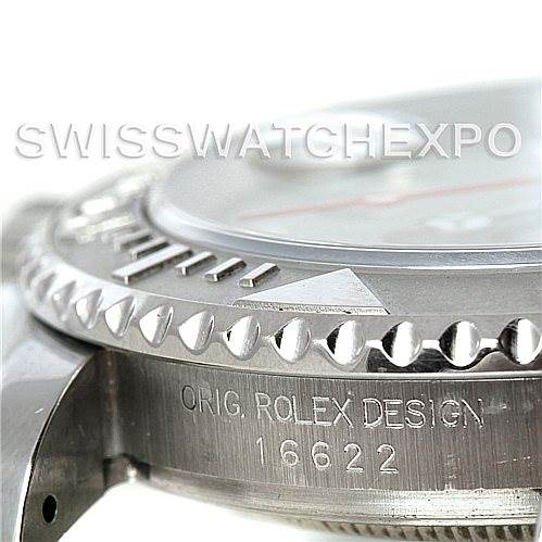 Close-up of the Rolex Yacht-Master 16622 Men's Stainless Steel Silver Dial 16622 Men's Stainless Steel Silver Dial's side profile, showing the bezel and engraved model number 16622.