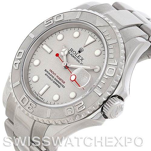 The image shows the front and right side angle of the Rolex Yacht-Master 16622 Men's Stainless Steel Silver Dial 16622 Men's Stainless Steel Silver Dial watch, highlighting the dial, bezel, crown, and bracelet.