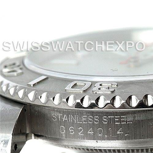 The image shows a close-up side angle of the Rolex Yacht-Master 16622 Men's Stainless Steel Silver Dial 16622 Men's Stainless Steel Silver Dial watch, focusing on the bezel and part of the case with engraved markings.