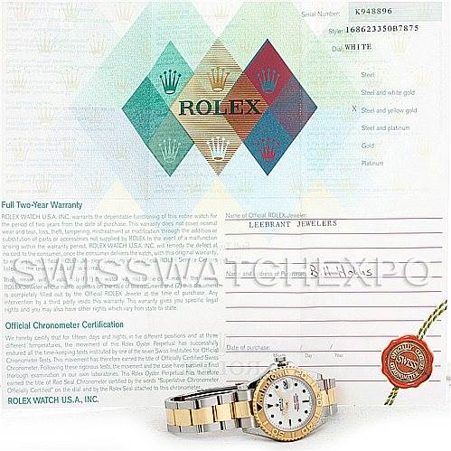The image shows a Rolex Yacht-Master 168623 Men's Stainless Steel White Dial 168623 Men's Stainless Steel White Dial watch angled to display its face, along with certification papers and warranty information.