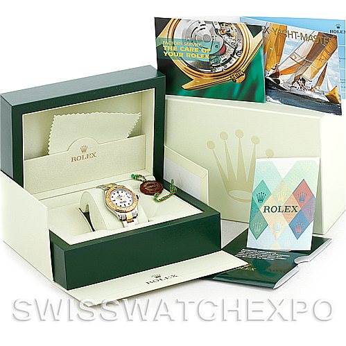 The image shows a Rolex Yacht-Master 168623 Men's Stainless Steel White Dial 168623 Men's Stainless Steel White Dial watch at an angle inside its green presentation box with various accessories and documentation.
