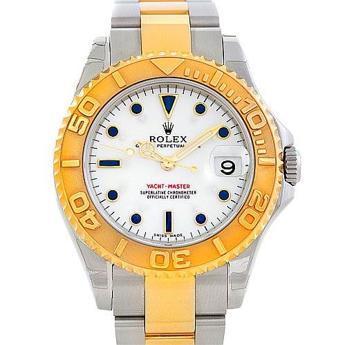 The image shows the front view of a Rolex Yacht-Master 168623 Men's Stainless Steel White Dial 168623 Men's Stainless Steel White Dial watch featuring a gold bezel, a white dial, and metal strap with gold center links.
