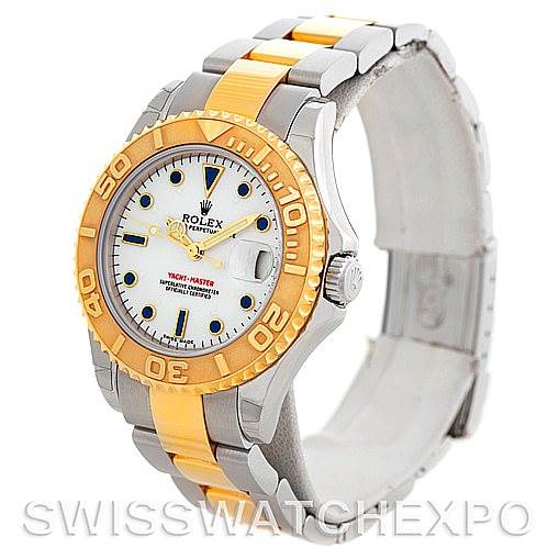 The image shows a Rolex Yacht-Master 168623 Men's Stainless Steel White Dial 168623 Men's Stainless Steel White Dial watch, angled to display the face, bezel, crown, and part of the bracelet.