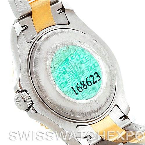 The image shows the back case of a Rolex Yacht-Master 168623 Men's Stainless Steel White Dial 168623 Men's Stainless Steel White Dial watch, highlighting the model number 168623.