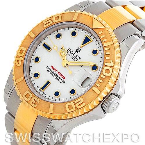This image shows a Rolex Yacht-Master 168623 Men's Stainless Steel White Dial 168623 Men's Stainless Steel White Dial watch at a slight angle, highlighting its gold bezel, dial, and stainless-steel and gold bracelet.
