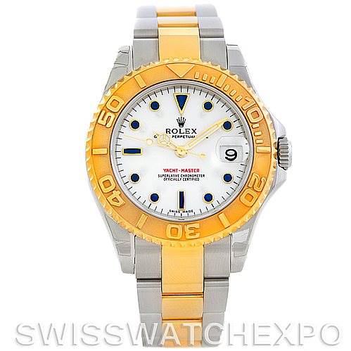 The image shows a front view of the Rolex Yacht-Master 168623 Men's Stainless Steel White Dial 168623 Men's Stainless Steel White Dial watch with a yellow and silver bezel and bracelet, and a white dial.