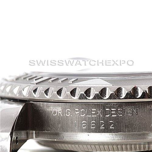 The image shows a close-up of the side view of a Rolex Yacht-Master 16622 Men's Stainless Steel Silver Dial 16622 Men's Stainless Steel Silver Dial watch, featuring the bezel and case with engraved model number 16622.