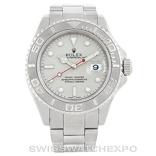 This Rolex Yacht-Master 16622 Men's Stainless Steel Silver Dial 16622 Men's Stainless Steel Silver Dial watch is shown from a front angle, highlighting its dial, bezel, crown, and bracelet.
