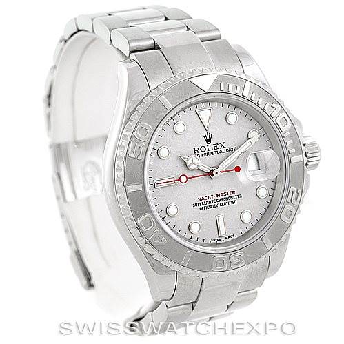 The image shows a Rolex Yacht-Master 16622 Men's Stainless Steel Silver Dial 16622 Men's Stainless Steel Silver Dial watch from an angled front view, highlighting its bezel, dial, and bracelet.