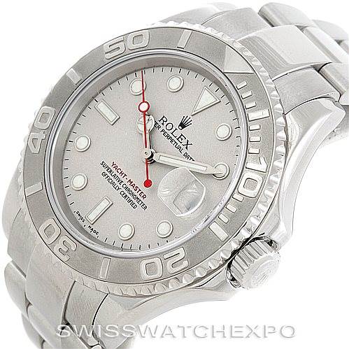 This Rolex Yacht-Master 16622 Men's Stainless Steel Silver Dial 16622 Men's Stainless Steel Silver Dial watch is shown at a slight angle, displaying its face, bezel, crown, and part of its bracelet.