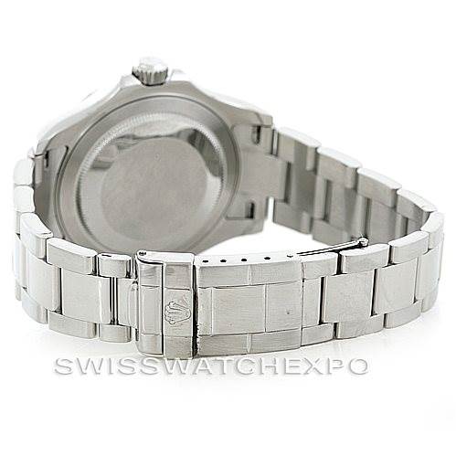 The image shows the back view of a Rolex Yacht-Master 16622 Men's Stainless Steel Silver Dial 16622 Men's Stainless Steel Silver Dial watch, focusing on the case back and the bracelet with a clasp.