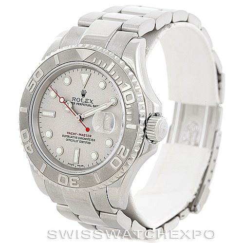 This image shows a front and slight side view of a Rolex Yacht-Master 16622 Men's Stainless Steel Silver Dial 16622 Men's Stainless Steel Silver Dial watch, highlighting the dial, bezel, and bracelet.