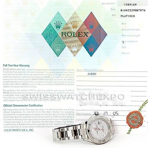 The image shows a Rolex Yacht-Master 16622 Men's Stainless Steel Silver Dial 16622 Men's Stainless Steel Silver Dial watch placed next to its warranty and official chronometer certification.