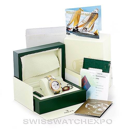 This image shows a Rolex Yacht-Master 16623 Men's Stainless Steel Grey Dial 16623 Men's Stainless Steel Grey Dial watch and its accessories, including the watch box, booklets, and tags, displayed at an angle.