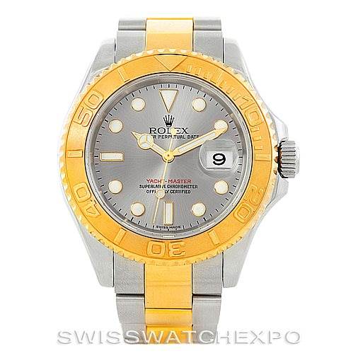 This image shows a front view of a Rolex Yacht-Master 16623 Men's Stainless Steel Grey Dial 16623 Men's Stainless Steel Grey Dial watch, highlighting its two-tone bezel, dial, and bracelet.
