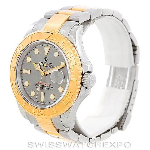 The image shows a side angle of a Rolex Yacht-Master 16623 Men's Stainless Steel Grey Dial 16623 Men's Stainless Steel Grey Dial watch, highlighting its bi-metal bracelet, bezel, and dial.