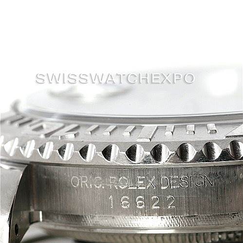 This image shows a close-up angle of the bezel and case side of the Rolex Yacht-Master 16622 Men's Stainless Steel Silver Dial 16622 Men's Stainless Steel Silver Dial, featuring the engraved model number 16622.