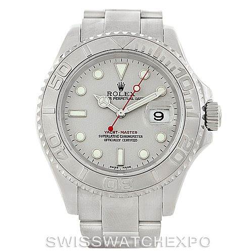 This Rolex Yacht-Master 16622 Men's Stainless Steel Silver Dial 16622 Men's Stainless Steel Silver Dial watch is shown from a front angle, displaying the face, bezel, hands, and part of the bracelet.