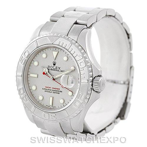 The image shows a front and slight side view of a Rolex Yacht-Master 16622 Men's Stainless Steel Silver Dial 16622 Men's Stainless Steel Silver Dial watch, capturing the dial, bezel, and part of the bracelet.