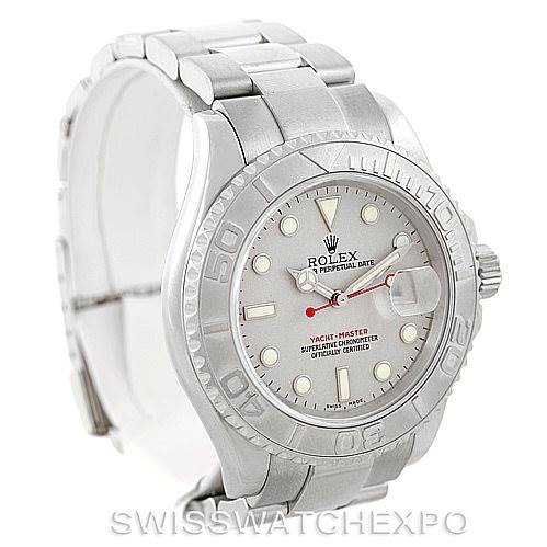 This image shows a side angle of a Rolex Yacht-Master 16622 Men's Stainless Steel Silver Dial 16622 Men's Stainless Steel Silver Dial watch, highlighting the face, bezel, and bracelet.