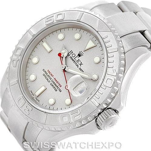 The Rolex Yacht-Master 16622 Men's Stainless Steel Silver Dial 16622 Men's Stainless Steel Silver Dial watch is shown at a slight angle displaying the dial, bezel, crown, and part of the bracelet.