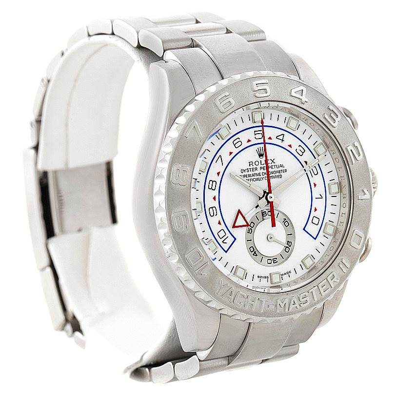 The image shows a side view and partial front view of a Rolex Yacht-Master 116689 Men's White Gold White Dial 116689 Men's White Gold White Dial watch, highlighting the dial, bezel, and bracelet.