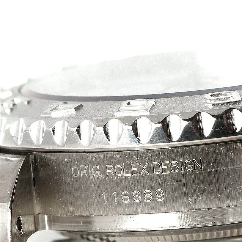 The image shows a close-up side view of the case and bezel of the Rolex Yacht-Master 116689 Men's White Gold White Dial 116689 Men's White Gold White Dial watch, highlighting the model number 116689.