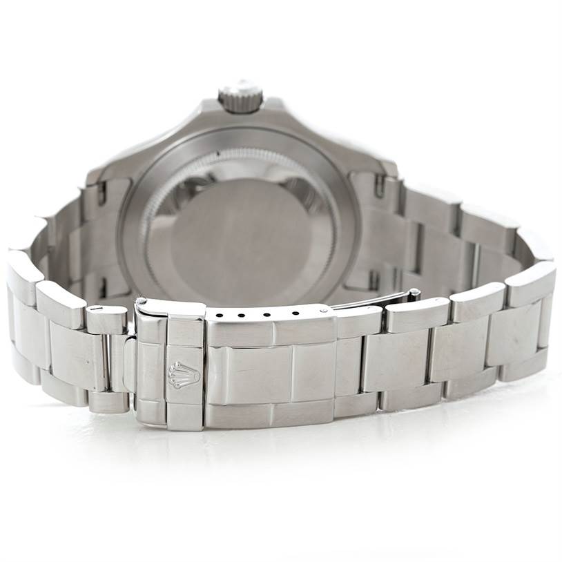 This image shows the Rolex Yacht-Master 16622 Men's Stainless Steel Silver Dial 16622 Men's Stainless Steel Silver Dial watch from a rear angle, displaying its clasp and bracelet.