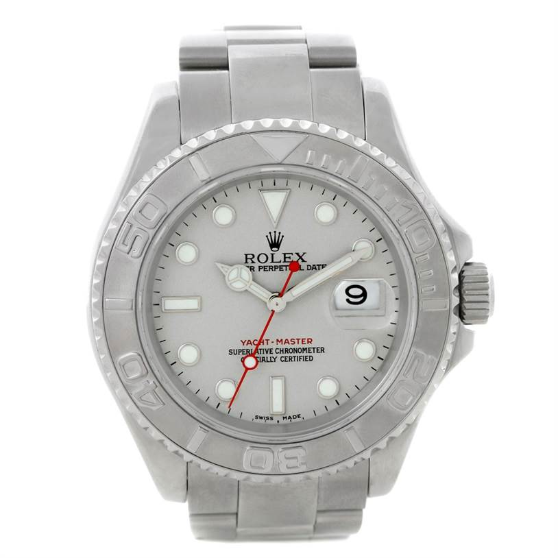 This image shows a front view of the Rolex Yacht-Master 16622 Men's Stainless Steel Silver Dial 16622 Men's Stainless Steel Silver Dial watch, displaying its face, bezel, crown, and bracelet.