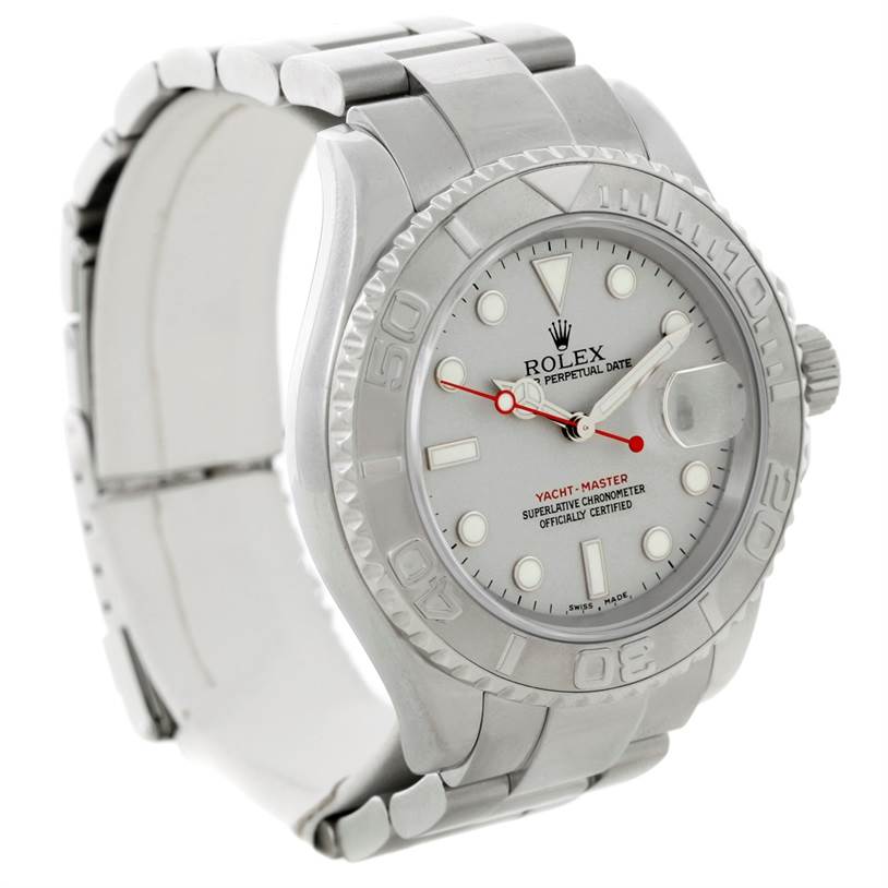 The image shows a Rolex Yacht-Master 16622 Men's Stainless Steel Silver Dial 16622 Men's Stainless Steel Silver Dial watch at a slight angle, highlighting the face, bezel, and part of the bracelet.