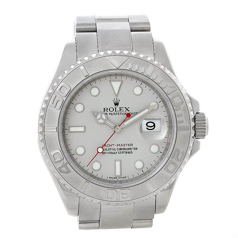 This image shows a front view of the Rolex Yacht-Master 16622 Men's Stainless Steel Silver Dial 16622 Men's Stainless Steel Silver Dial watch, highlighting its dial, bezel, and part of the bracelet.