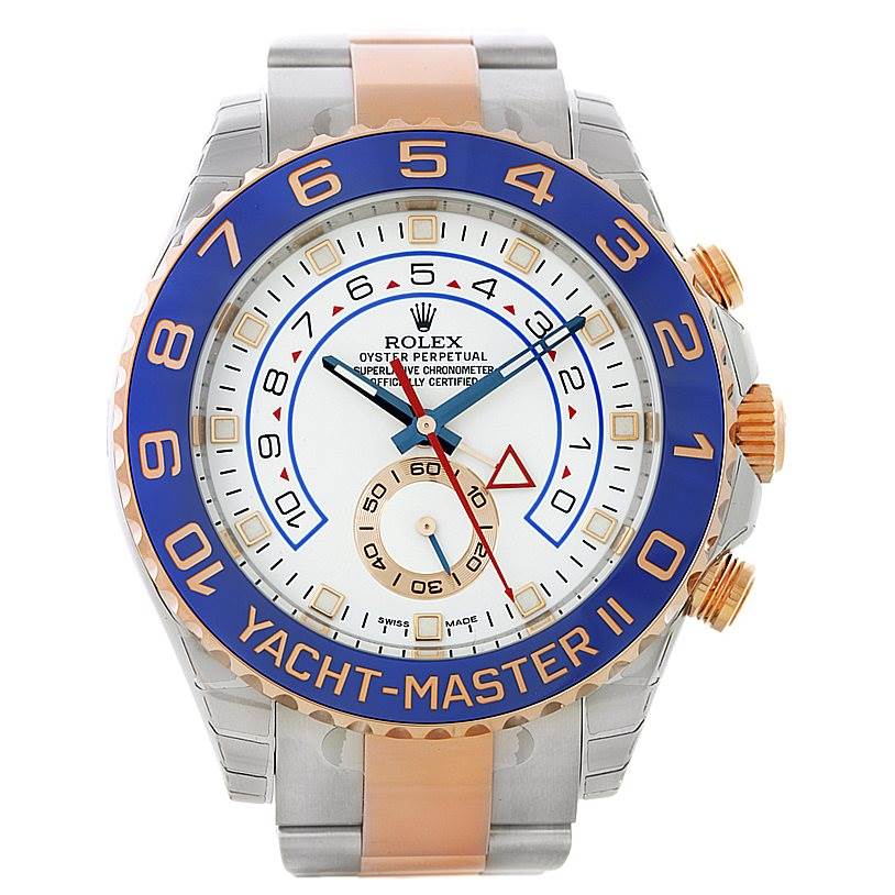 The image shows a frontal view of a Rolex Yacht-Master 116681 Men's Steel and Gold (two tone) White Dial 116681 Men's Steel and Gold (two tone) White Dial watch, highlighting its dial, hands, bezel, and strap.