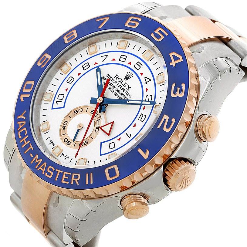 This image shows a close-up of a Rolex Yacht-Master 116681 Men's Steel and Gold (two tone) White Dial 116681 Men's Steel and Gold (two tone) White Dial watch displaying the face, bezel, and crown.