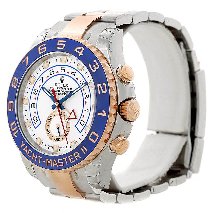 The image shows a Yacht-Master model by Rolex from a slightly angled side view, displaying its dial, bezel, and bracelet.