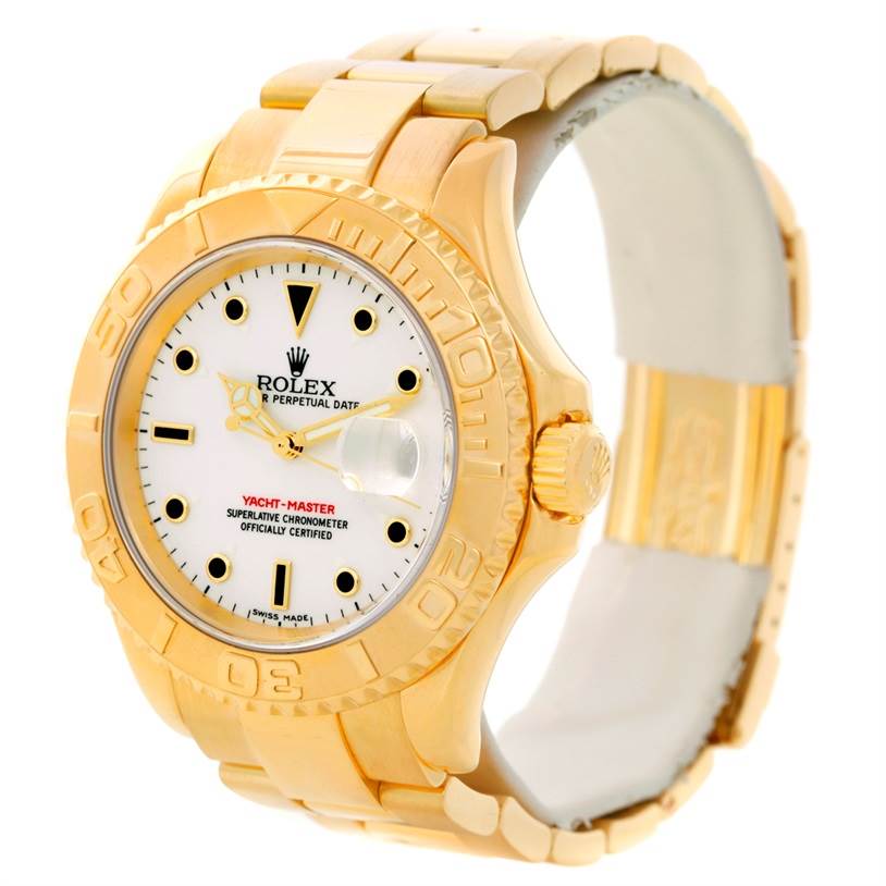 The image shows a frontal and slight side view of a gold Rolex Yacht-Master 16628 Men's Yellow Gold White Dial 16628 Men's Yellow Gold White Dial watch, highlighting its bezel, dial, crown, and bracelet.
