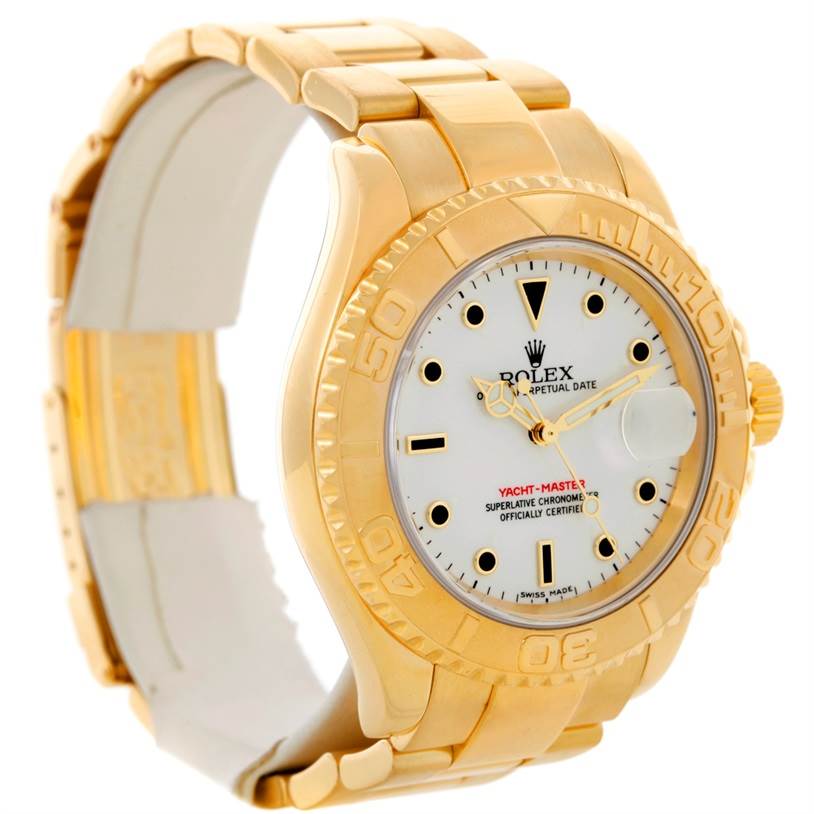 The image shows a side-angle view of a gold Rolex Yacht-Master 16628 Men's Yellow Gold White Dial 16628 Men's Yellow Gold White Dial watch, highlighting the bezel, dial, and bracelet.