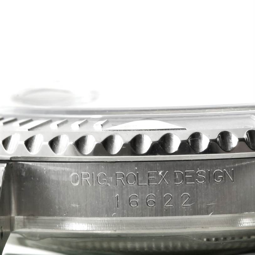 This close-up image of the Yacht-Master Rolex watch shows the side engraving and part of the bezel.