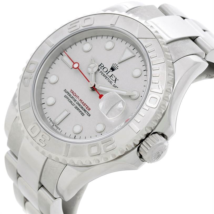 The image shows a top-side angle of a Rolex Yacht-Master 16622 Men's Stainless Steel Silver Dial 16622 Men's Stainless Steel Silver Dial watch, highlighting its dial, bezel, and bracelet.