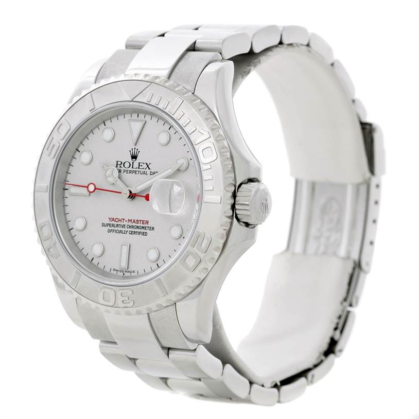 The Rolex Yacht-Master 16622 Men's Stainless Steel Silver Dial 16622 Men's Stainless Steel Silver Dial watch is shown at a three-quarter angle displaying the dial, bezel, and part of the bracelet.