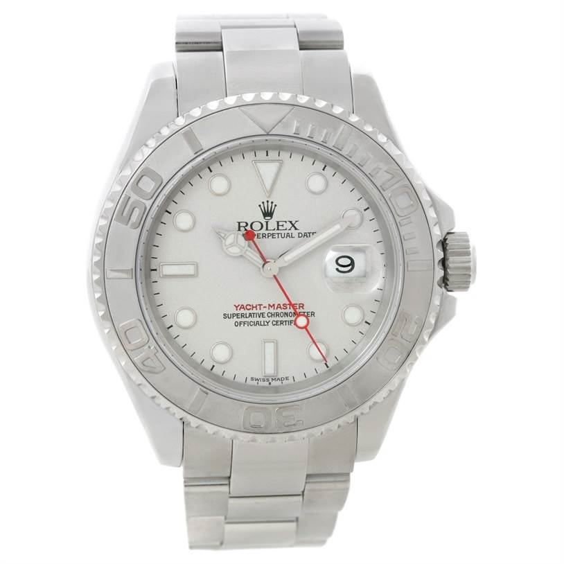 The image shows a frontal view of the Rolex Yacht-Master 16622 Men's Stainless Steel Silver Dial 16622 Men's Stainless Steel Silver Dial watch, highlighting its dial, bezel, and bracelet.